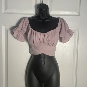Hers & Mine Cropped Shirt Women L Pink Short SleeveBack Bow Detail Milkmaid Top